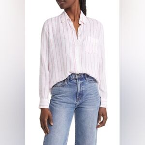 Rails Charli White Pink Pinapple Stripped Linen Button Down Blouse Sz XS Relaxed